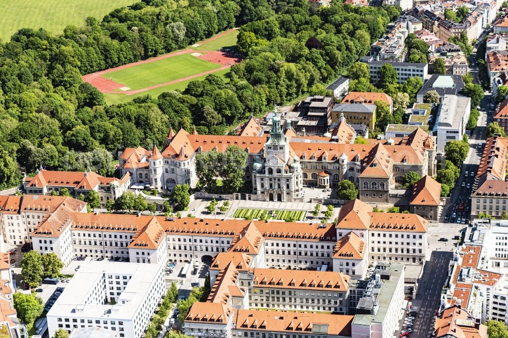 München from the bird's eye view: Historical museum-building ensemble of the Bavarian National Museum at Prinzregentenstrasse in Munich, Bavaria