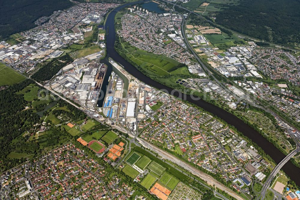 Aschaffenburg from the bird's eye view: Port facilities on the banks of the river course of the on street Hafenrandstrasse in Aschaffenburg in the state Bavaria, Germany