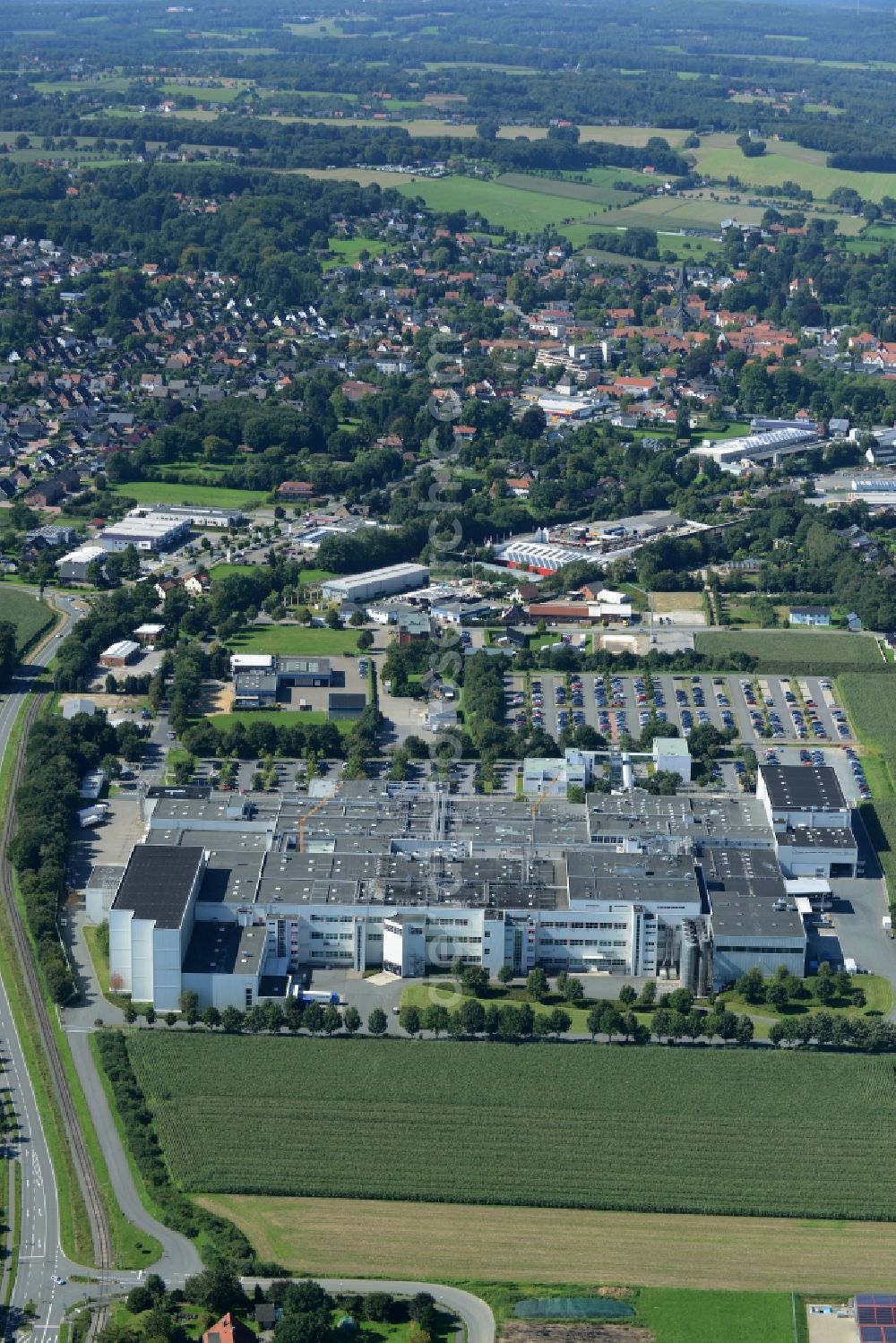 Mettingen from the bird's eye view: Bakery and confectionary of the Coppenrath & Wiese KG and subsidiary company Backsfrost Caldino GmbH in Mettingen in the state North Rhine-Westphalia