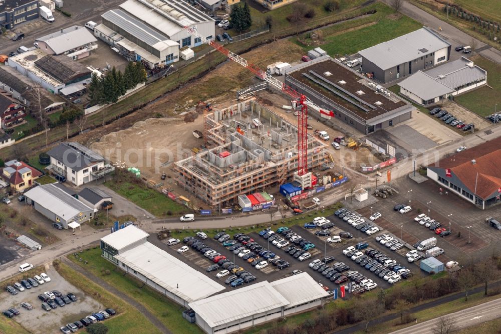 Gengenbach from the bird's eye view: Building construction site and new construction of a production hall on the premises of the bakery - confectionery Stadtbaeckerei Dreher in the district Schwaibach in Gengenbach in the state Baden-Wuerttemberg, Germany