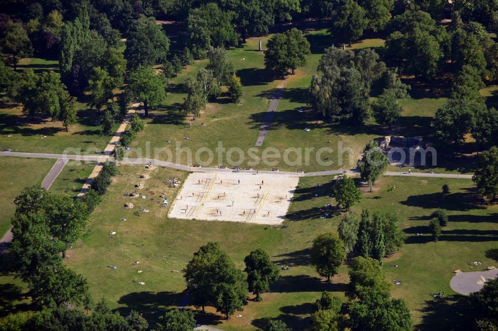 Berlin OT Friedrichshain from the bird's eye view: View of a beachvolleyballfield in the Volkspark Friedrichshain in Berlin