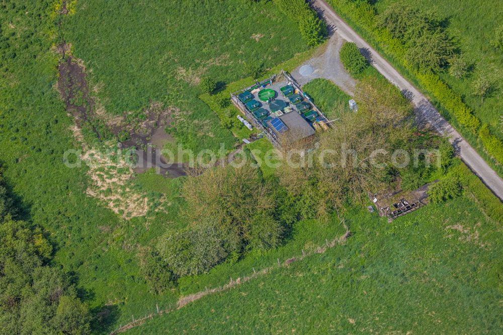 Bestwig from the bird's eye view: Tank systems and cages for intensive fish farming on the banks of the Ruhr on street Oststrasse in Bestwig at Sauerland in the state North Rhine-Westphalia, Germany