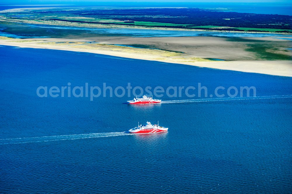 Aerial image List - Encounter of both ships of the FRS Sylt ferry between in List and Romo on Sylt in the state Schleswig-Holstein, Germany