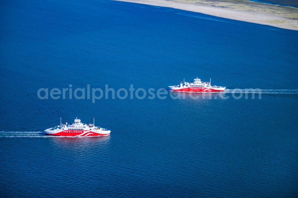 Aerial image List - Encounter of both ships of the FRS Sylt ferry between in List and Romo on Sylt in the state Schleswig-Holstein, Germany