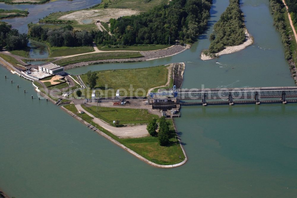 Aerial image Village-Neuf - At Village-Neuf in France, the Grand Canal d'Alsace begins. The French company EdF operates a small hydro power plant and a fish ladder. Thus, the residual amount of water for the Old Rhine is utilized to produce electricity