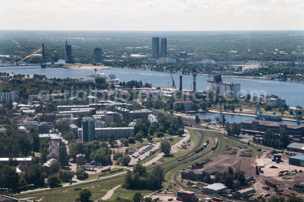 Aerial image Riga - Loading zone for coal and bulk material in the harbour in Riga in , Latvia