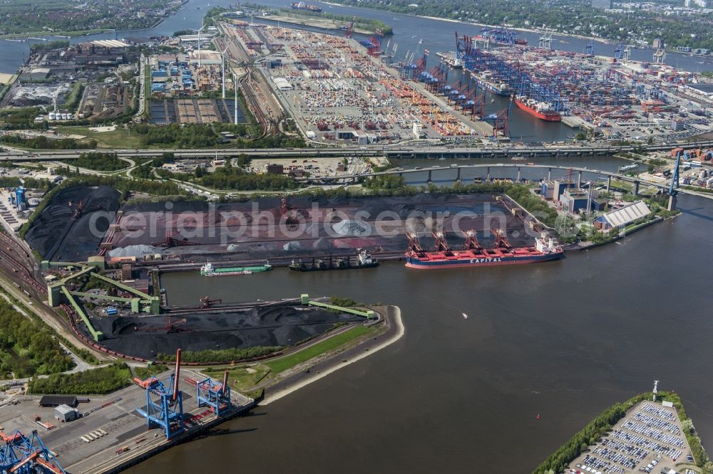 Hamburg from the bird's eye view: Loading zone for sand and bulk material in the harbour in Hamburg and refuse utilisation facility MVR Muellverwertung Rugenberger Damm GmbH & Co. KG