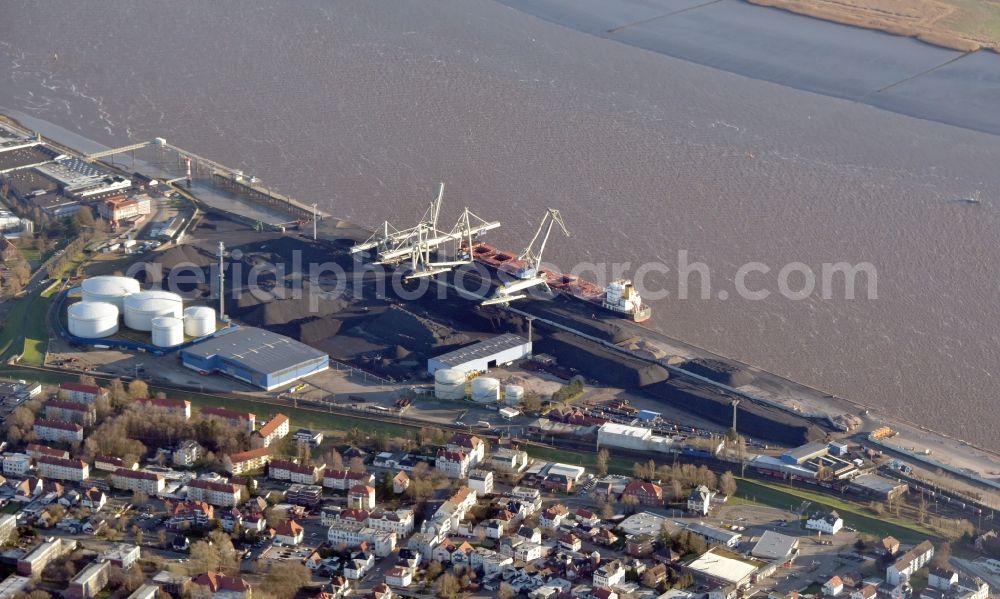 Aerial image Nordenham - Loading zone for sand and bulk material in the harbour in Nordenham in the state Lower Saxony, Germany