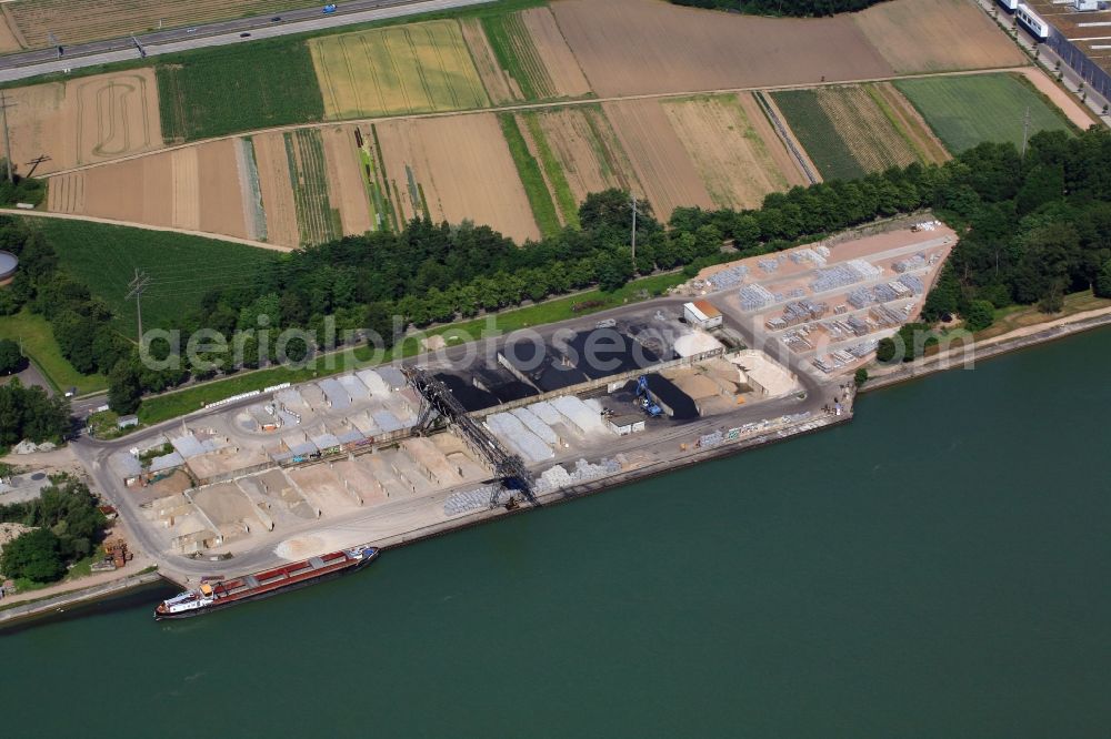 Aerial photograph Weil am Rhein - Loading zone for sand and bulk material in the harbour at the river Rhine in Weil am Rhein in the state Baden-Wurttemberg, Germany