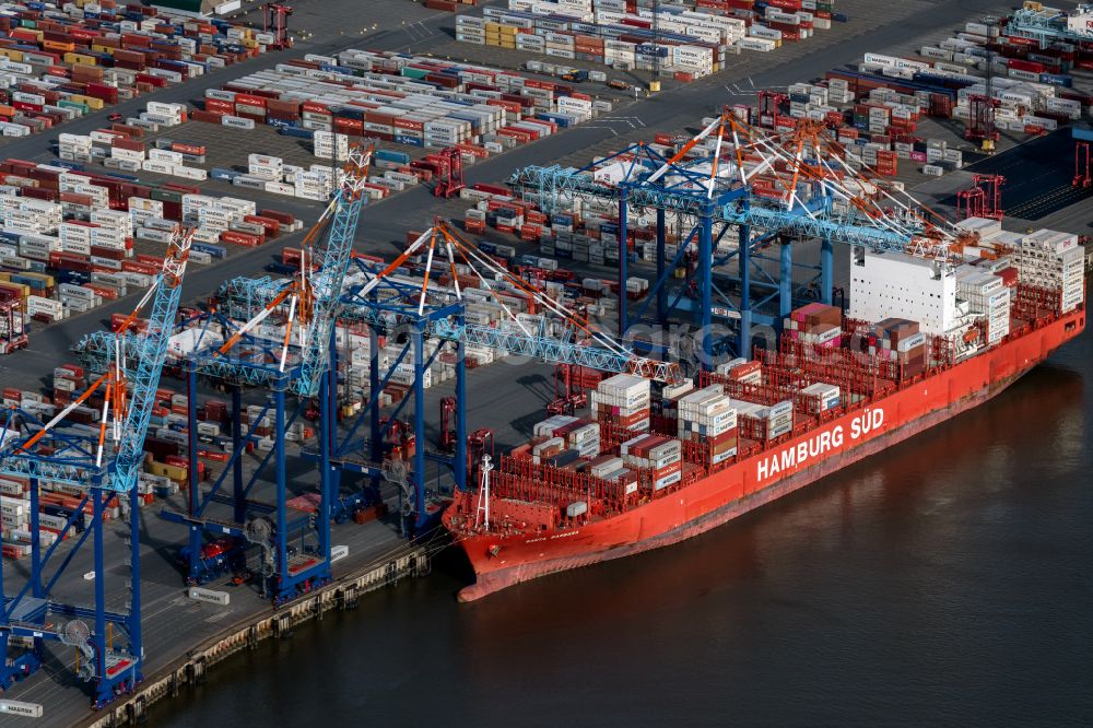 Aerial image Bremerhaven - Loading a ship of the shipping company Hamburg Sued in the overseas port in Bremerhaven in the state of Bremen, Germany