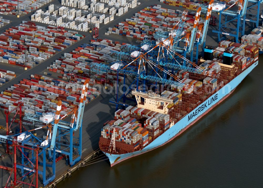 Bremerhaven from above - Loading of a ship Maersk Line in the container port of the Ueberseehafen in Bremerhaven in the state Bremen, Germany