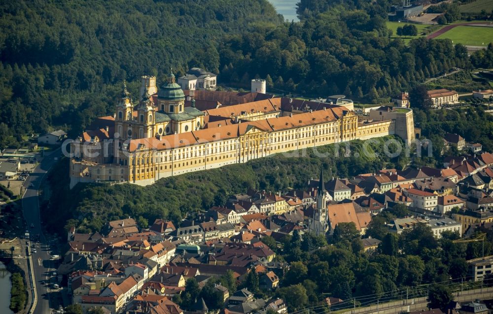 Melk from the bird's eye view: Benedictine Abbey of Melk in Lower Austria at Melk on the banks of the Danube in Austria