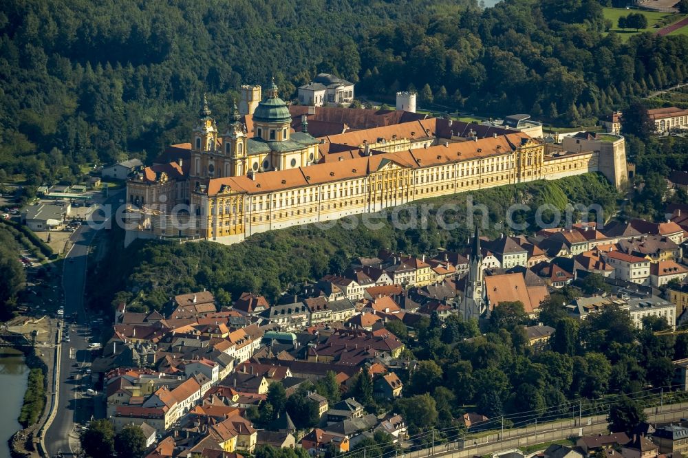 Aerial image Melk - Benedictine Abbey of Melk in Lower Austria at Melk on the banks of the Danube in Austria