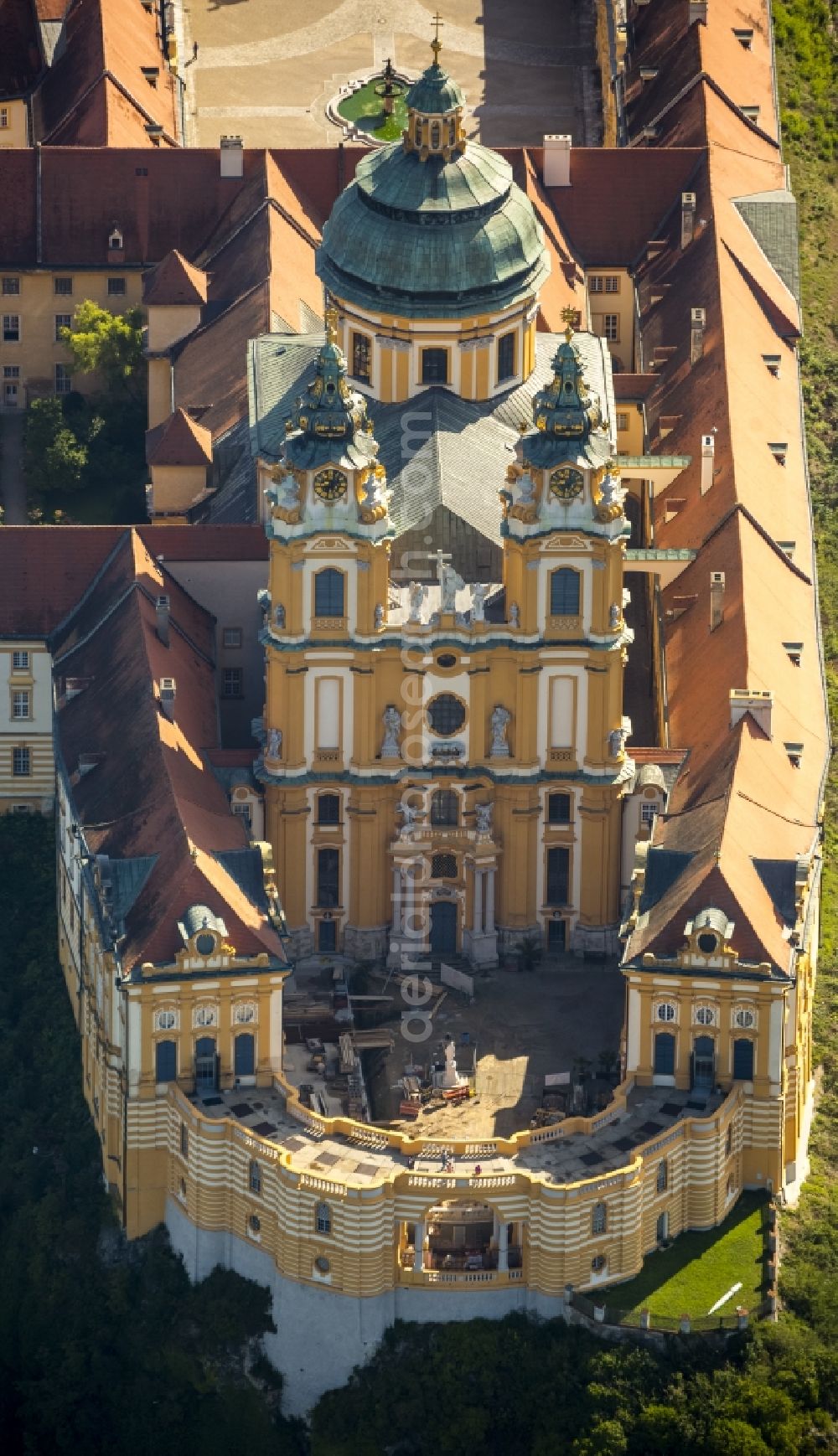 Melk from the bird's eye view: Benedictine Abbey of Melk in Lower Austria at Melk on the banks of the Danube in Austria