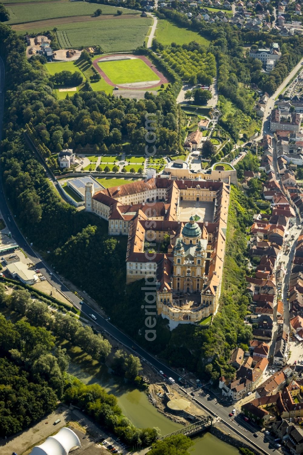 Aerial image Melk - Benedictine Abbey of Melk in Lower Austria at Melk on the banks of the Danube in Austria