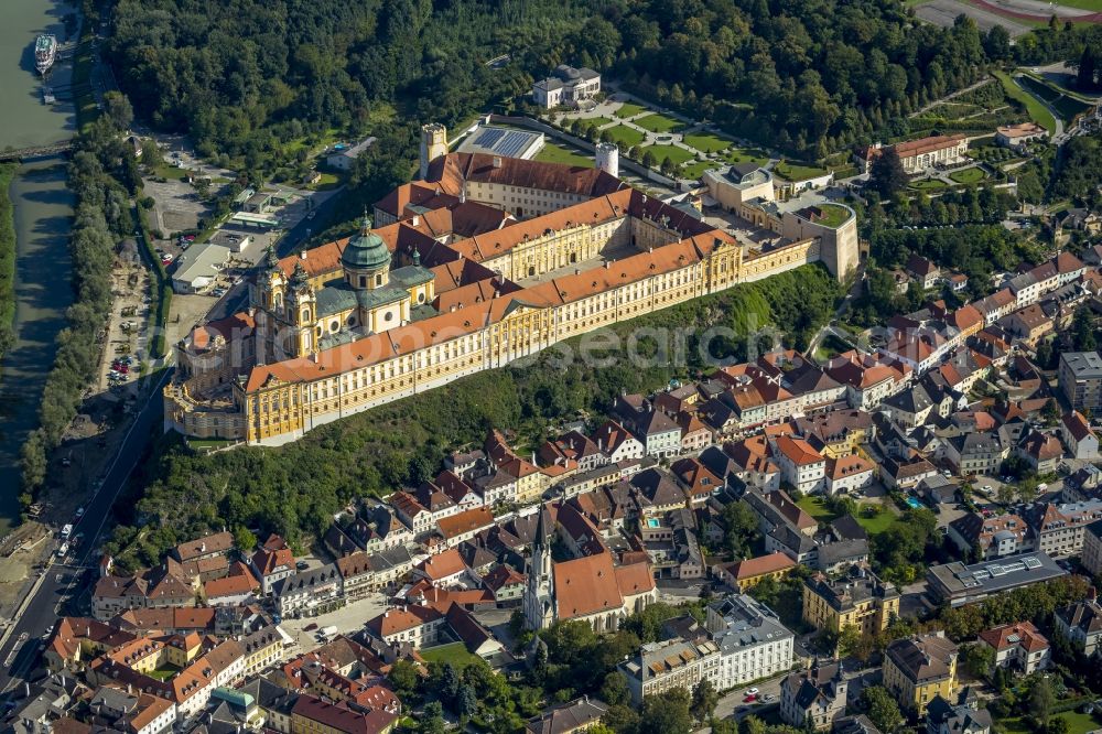 Melk from the bird's eye view: Benedictine Abbey of Melk in Lower Austria at Melk on the banks of the Danube in Austria