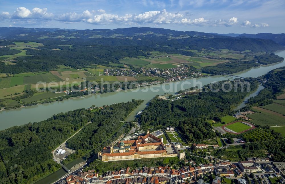 Aerial image Melk - Benedictine Abbey of Melk in Lower Austria at Melk on the banks of the Danube in Austria