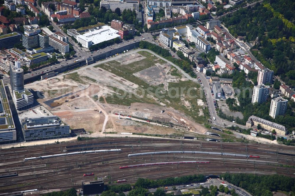 Stuttgart from above - Benz district in Stuttgart in Baden-Wuerttemberg. The district is located on the river Neckar and is part of the Stuttgart city district Untertuerkheim. On the left side of the road you can see the Mercedes Benz dealership Stuttgart and the Mercedes-Benz Museum