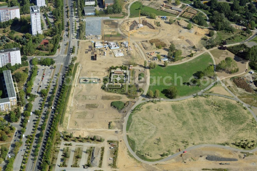 Berlin from above - Area of the main entrance of the site of IGA 2017 in the Recreational Park Marzahn in the district of Marzahn-Hellersdorf in Berlin. The heart of the International gerden exibition will be the Gaerten der Welt - Gardens of the World. The Italian Renaissance Garden is located near the entrance on Blumberger Damm