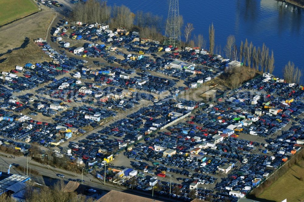 Berlin from above - Car mart at the street Schnellerstrasse in the district Schoeneweide of Berlin