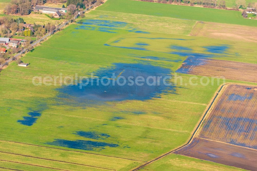 Bremervörde from above - Riparian areas and flooded flood meadows due to a river bed leading to flood levels in Bremervoerde in the state Lower Saxony, Germany