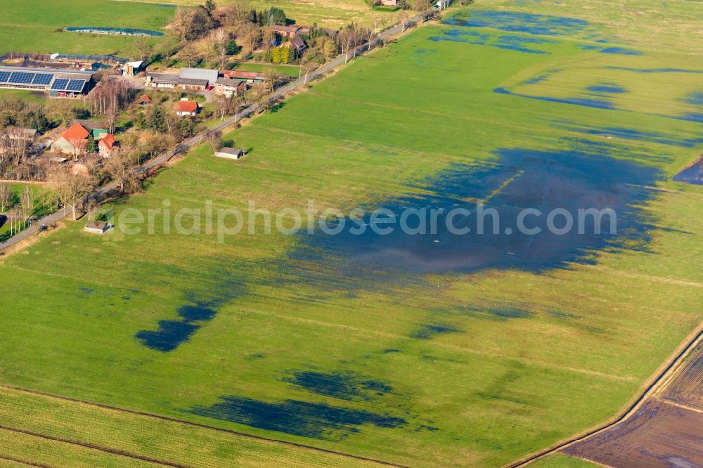 Bremervörde from the bird's eye view: Riparian areas and flooded flood meadows due to a river bed leading to flood levels in Bremervoerde in the state Lower Saxony, Germany