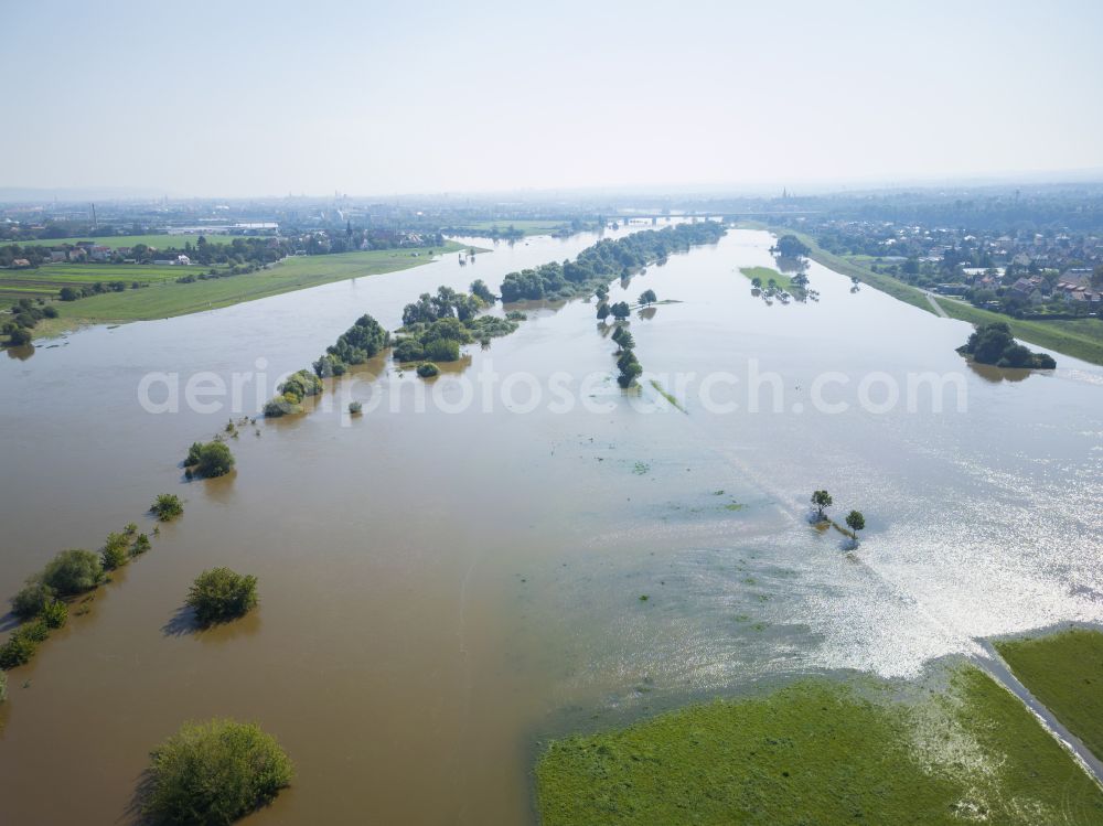 Aerial image Dresden - Bank areas and flooded flood meadows due to the high water level leading riverbed of the Elbe in the district of Gohlis in Dresden in the federal state of Saxony, Germany