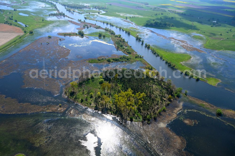 Jederitz from above - Riparian areas and flooded flood meadows due to a river bed leading to flood levels the Havel in Jederitz in the state Saxony-Anhalt, Germany