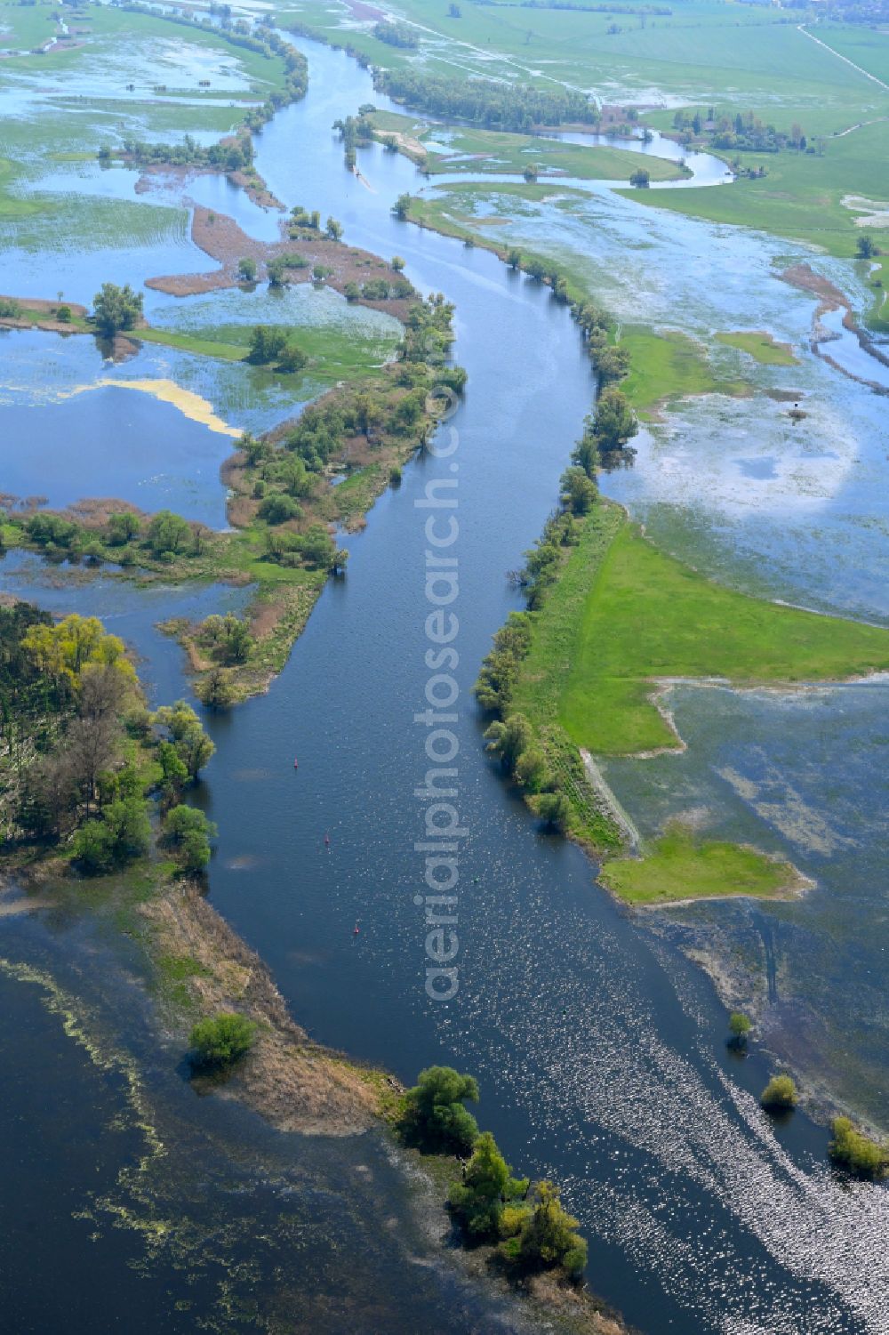 Jederitz from the bird's eye view: Riparian areas and flooded flood meadows due to a river bed leading to flood levels the Havel in Jederitz in the state Saxony-Anhalt, Germany