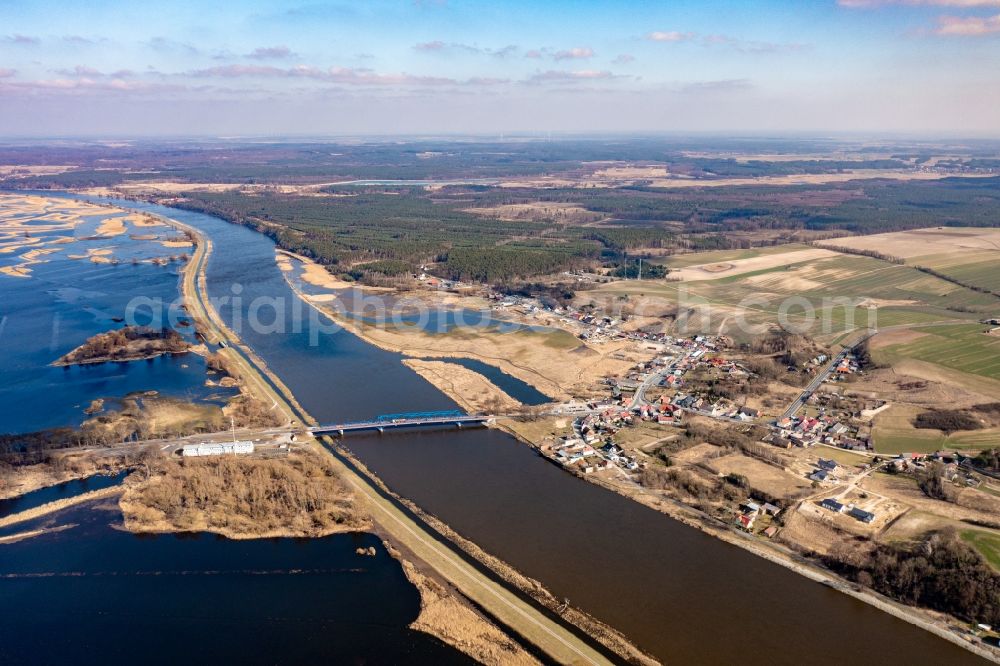 Krajnik Dolny from above - Riparian areas and flooded flood meadows due to a river bed leading to flood levels of Oder in Krajnik Dolny Niederkraenig in the Zachodniopomorskie, Poland