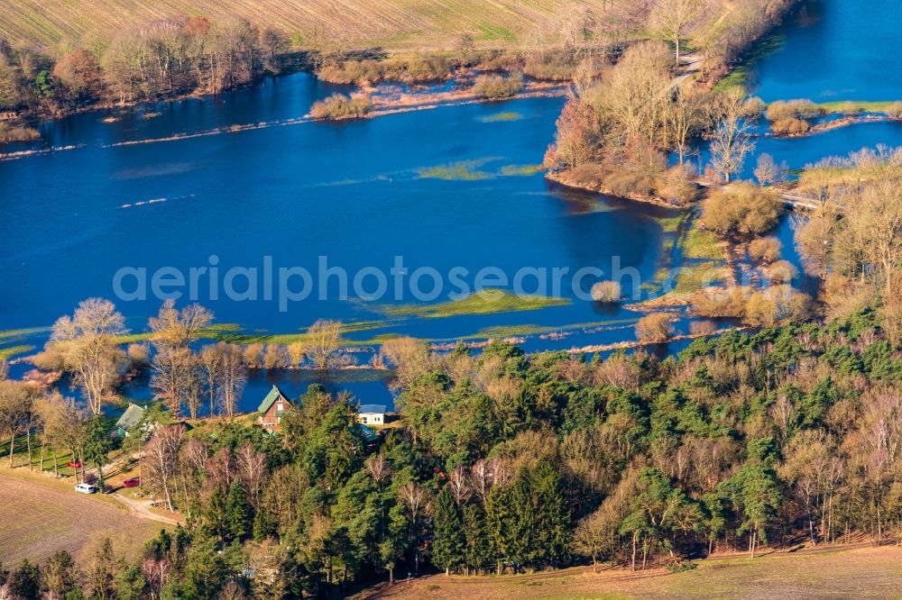 Bremervörde from above - Riparian areas and flooded flood meadows due to a river bed leading to flood levels of Oste in Bremervoerde in the state Lower Saxony, Germany