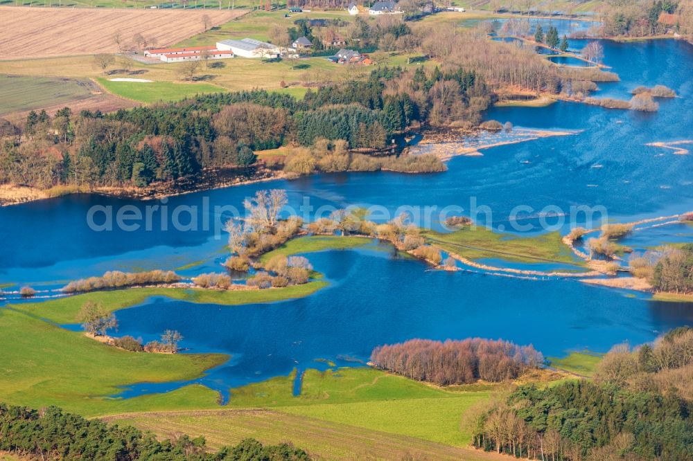 Bremervörde from above - Riparian areas and flooded flood meadows due to a river bed leading to flood levels of Oste in Bremervoerde in the state Lower Saxony, Germany