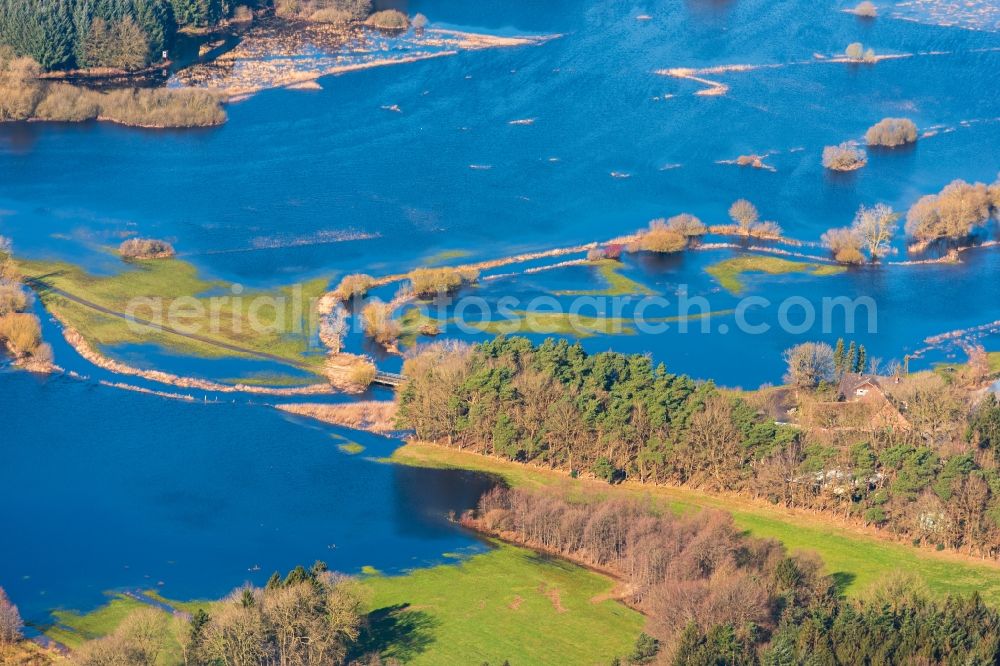 Bremervörde from above - Riparian areas and flooded flood meadows due to a river bed leading to flood levels of Oste in Bremervoerde in the state Lower Saxony, Germany