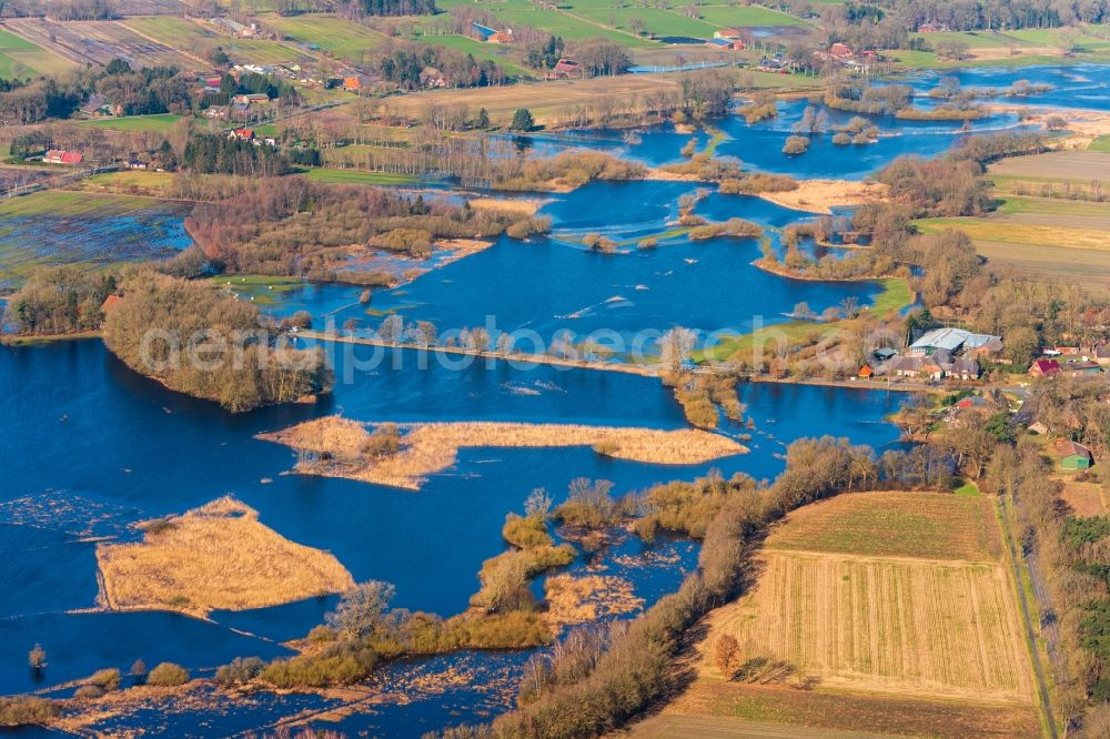 Bremervörde from above - Riparian areas and flooded flood meadows due to a river bed leading to flood levels of Oste in Bremervoerde in the state Lower Saxony, Germany