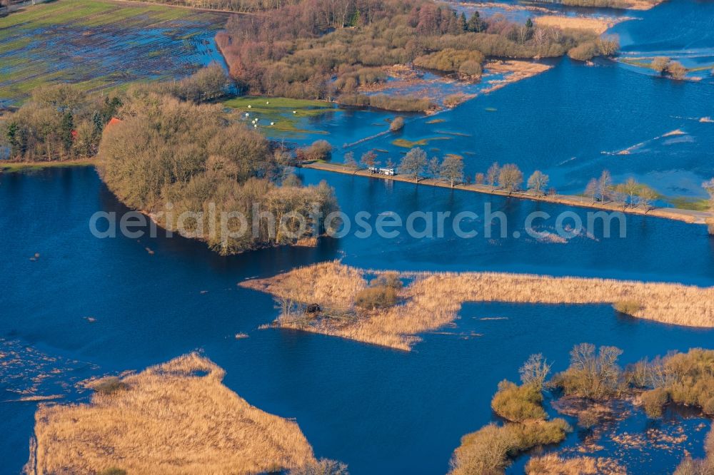 Bremervörde from the bird's eye view: Riparian areas and flooded flood meadows due to a river bed leading to flood levels of Oste in Bremervoerde in the state Lower Saxony, Germany