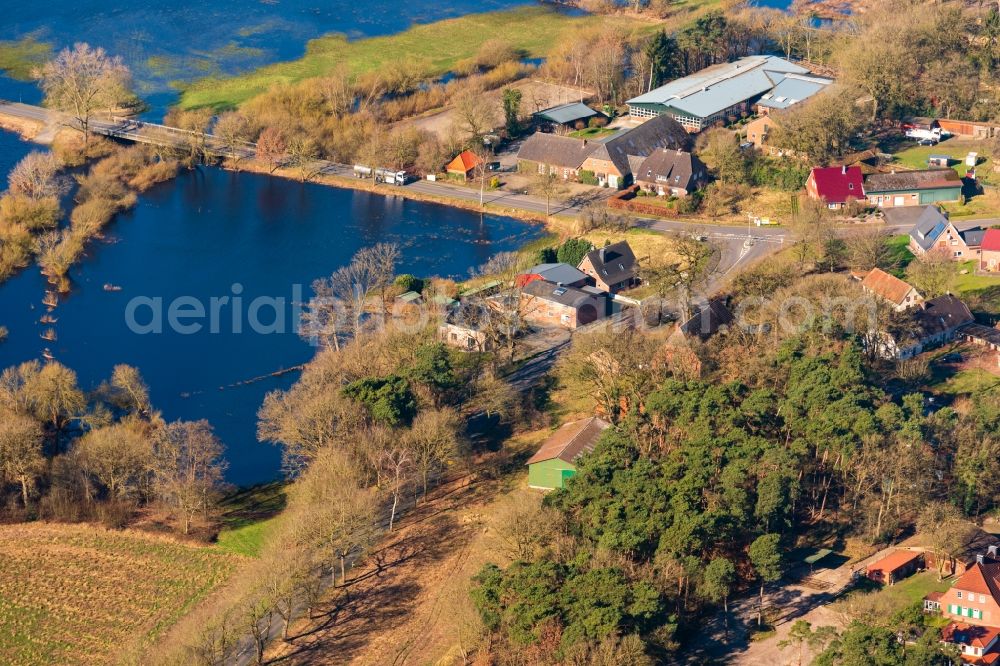 Bremervörde from above - Riparian areas and flooded flood meadows due to a river bed leading to flood levels of Oste in Bremervoerde in the state Lower Saxony, Germany