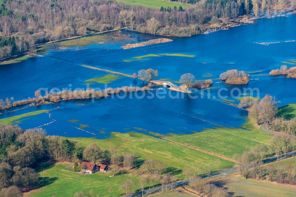 Bremervörde from above - Riparian areas and flooded flood meadows due to a river bed leading to flood levels of Oste in Bremervoerde in the state Lower Saxony, Germany