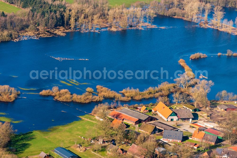 Bremervörde from above - Riparian areas and flooded flood meadows due to a river bed leading to flood levels of Oste in Bremervoerde in the state Lower Saxony, Germany