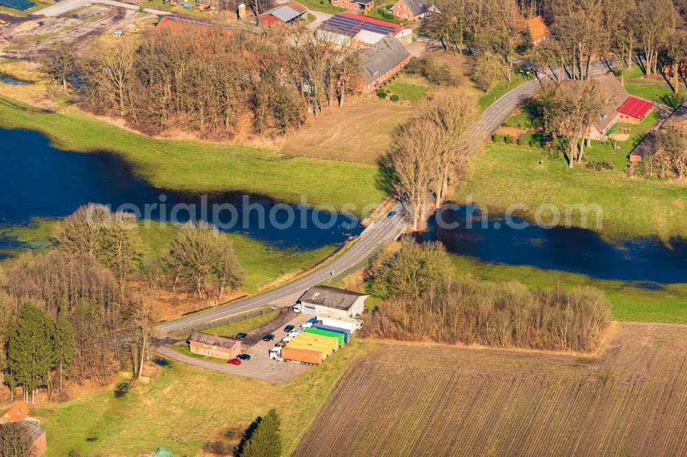 Bremervörde from above - Riparian areas and flooded flood meadows due to a river bed leading to flood levels of Oste in Bremervoerde in the state Lower Saxony, Germany