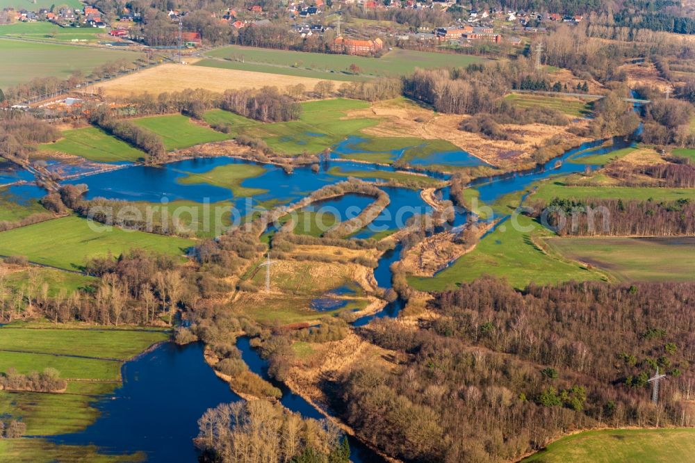 Aerial image Bremervörde - Riparian areas and flooded flood meadows due to a river bed leading to flood levels of Oste in Bremervoerde in the state Lower Saxony, Germany