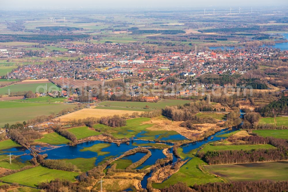 Aerial photograph Bremervörde - Riparian areas and flooded flood meadows due to a river bed leading to flood levels of Oste in Bremervoerde in the state Lower Saxony, Germany