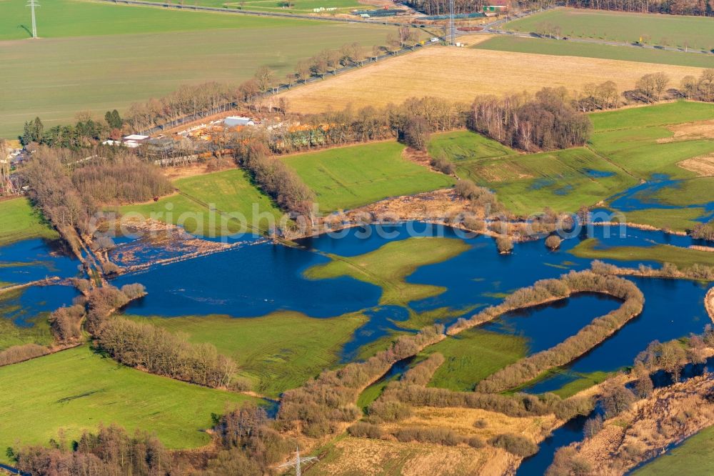 Bremervörde from above - Riparian areas and flooded flood meadows due to a river bed leading to flood levels of Oste in Bremervoerde in the state Lower Saxony, Germany