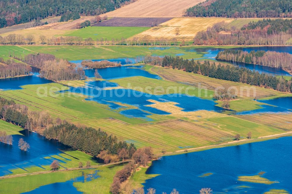 Bremervörde from above - Riparian areas and flooded flood meadows due to a river bed leading to flood levels of Oste in Bremervoerde in the state Lower Saxony, Germany