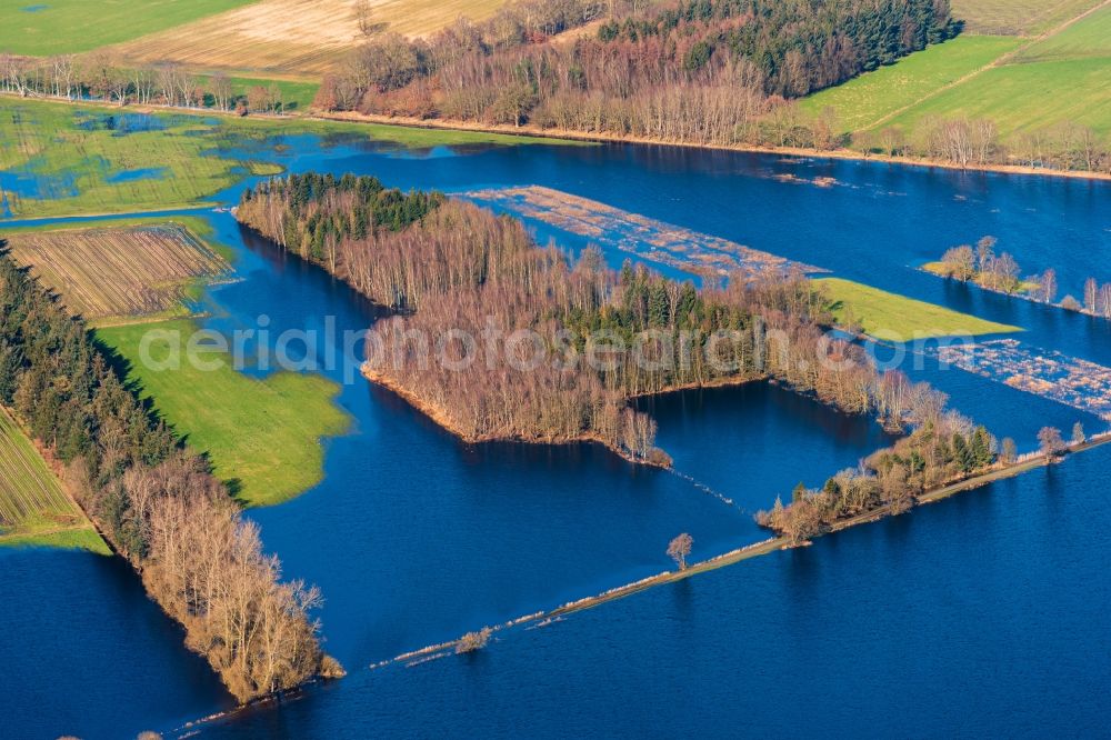 Bremervörde from above - Riparian areas and flooded flood meadows due to a river bed leading to flood levels of Oste in Bremervoerde in the state Lower Saxony, Germany