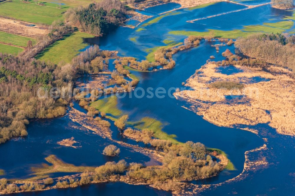 Aerial image Sandbostel - Riparian areas and flooded flood meadows due to a river bed leading to flood levels Oste in Sandbostel in the state Lower Saxony, Germany