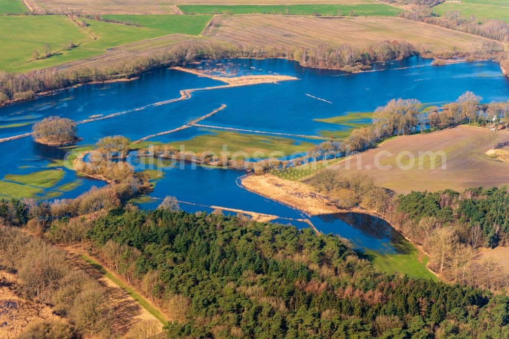 Aerial image Sandbostel - Riparian areas and flooded flood meadows due to a river bed leading to flood levels Oste in Sandbostel in the state Lower Saxony, Germany