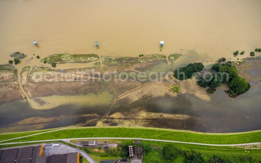 Duisburg from above - Riparian areas and flooded flood meadows due to a river bed leading to flood levels of Rhein on Alsumer Rheinaue in the district Marxloh in Duisburg at Ruhrgebiet in the state North Rhine-Westphalia, Germany