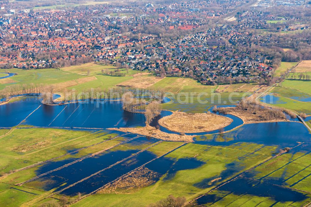 Stade from above - Riparian areas and flooded flood meadows due to a river bed leading to flood levels of Schwinge in Stade in the state Lower Saxony, Germany