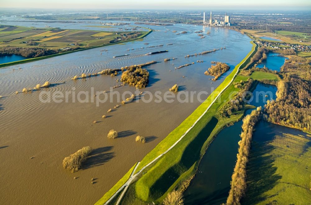 Duisburg from the bird's eye view: Riparian areas and flooded flood meadows due to a river bed leading to flood levels of the Rhine river in the district Alt-Walsum in Duisburg in the state North Rhine-Westphalia, Germany