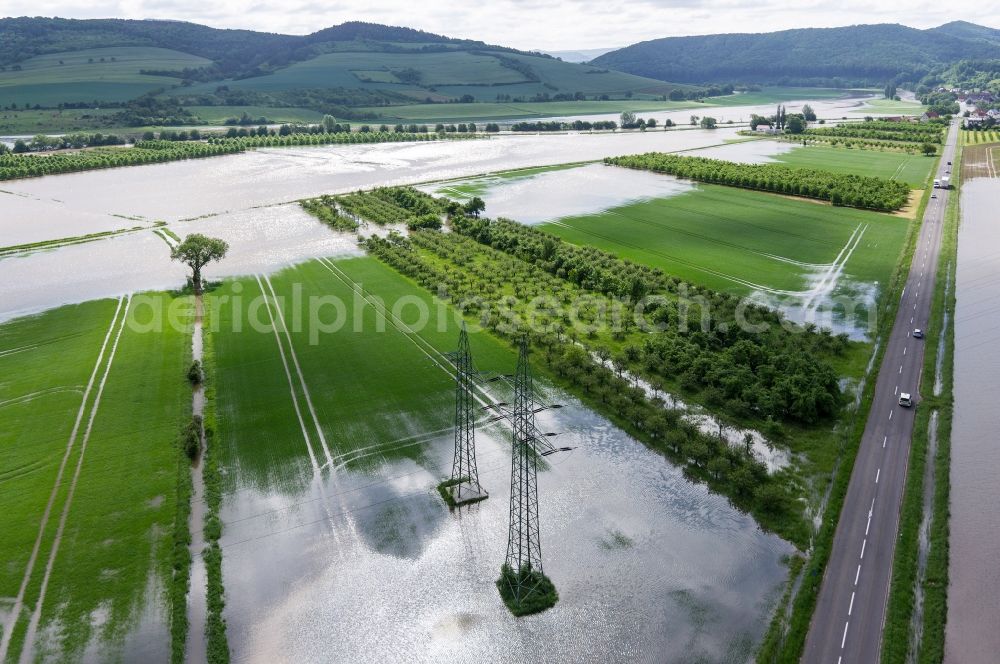 Witzenhausen from the bird's eye view: Water flooded fields along the road L3464 in Witzenhausen in Hesse